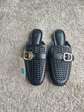 a new day Black Woven Mule Slides with Gold Buckles. Size 8